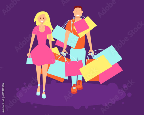 Young couple shopping with colorful bags over a purple background. Vector illustration © Marharyta Pavliuk