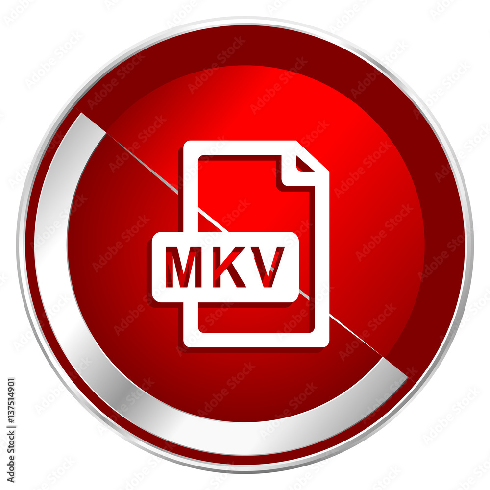 Mkv file red web icon. Metal shine silver chrome border round button isolated on white background. Circle modern design abstract sign for smartphone applications. Mkv file red web icon. Metal shine silver chrome border round button isolated on white background. Circle modern design abstract sign for smartphone applications.