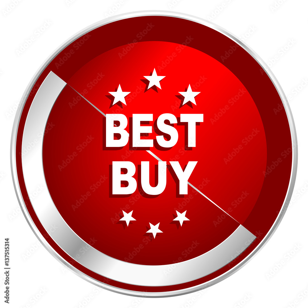 Best buy red web icon. Metal shine silver chrome border round button isolated on white background. Circle modern design abstract sign for smartphone applications. Best buy red web icon. Metal shine silver chrome border round button isolated on white background. Circle modern design abstract sign for smartphone applications.