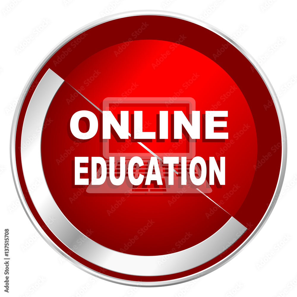 Online education red web icon. Metal shine silver chrome border round button isolated on white background. Circle modern design abstract sign for smartphone applications. Online education red web icon. Metal shine silver chrome border round button isolated on white background. Circle modern design abstract sign for smartphone applications.