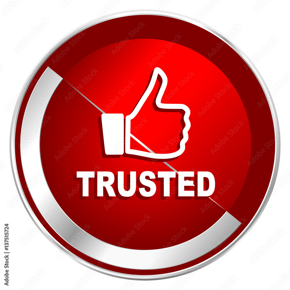 Trusted red web icon. Metal shine silver chrome border round button isolated on white background. Circle modern design abstract sign for smartphone applications. Trusted red web icon. Metal shine silver chrome border round button isolated on white background. Circle modern design abstract sign for smartphone applications.