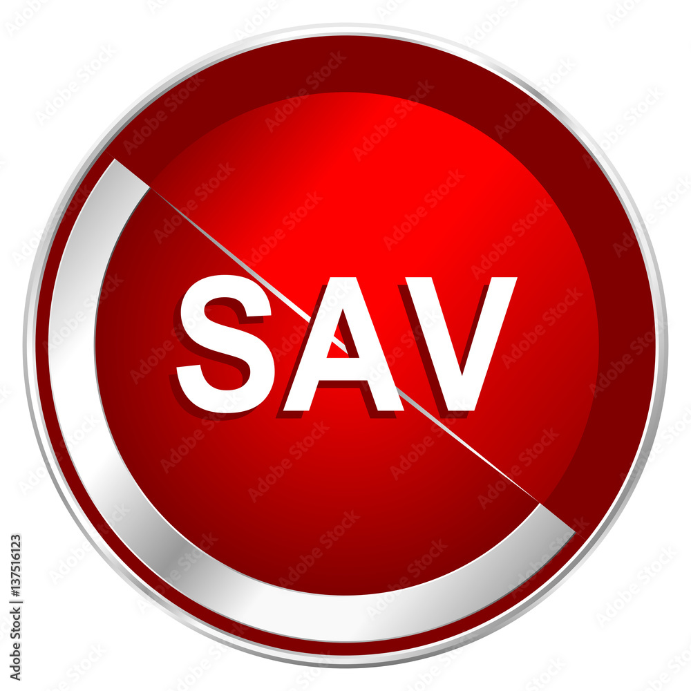 Sav red web icon. Metal shine silver chrome border round button isolated on white background. Circle modern design abstract sign for smartphone applications. Sav red web icon. Metal shine silver chrome border round button isolated on white background. Circle modern design abstract sign for smartphone applications.