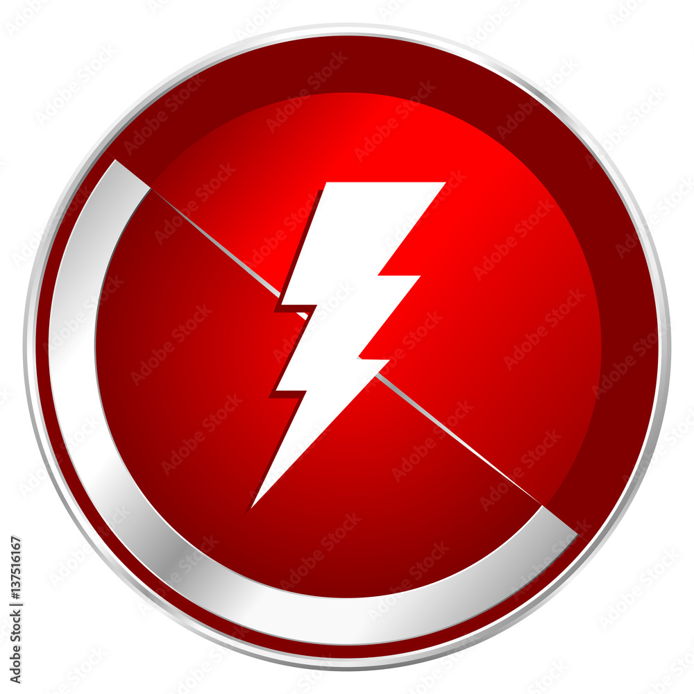 Bolt red web icon. Metal shine silver chrome border round button isolated on white background. Circle modern design abstract sign for smartphone applications. Bolt red web icon. Metal shine silver chrome border round button isolated on white background. Circle modern design abstract sign for smartphone applications.