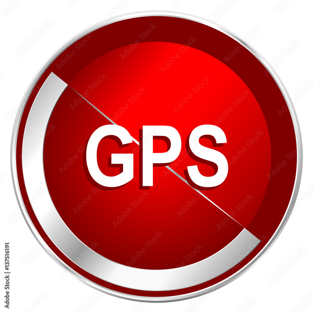 Gps red web icon. Metal shine silver chrome border round button isolated on white background. Circle modern design abstract sign for smartphone applications. Gps red web icon. Metal shine silver chrome border round button isolated on white background. Circle modern design abstract sign for smartphone applications.
