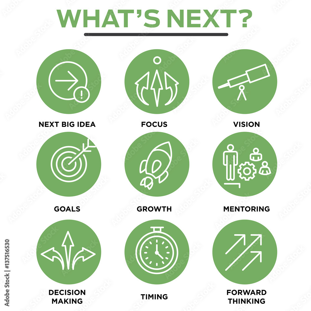 What's Next Icon Set with Big Idea, Mentoring, Decision Making, and Forward Thinking etc Icons What's Next Icon Set with Big Idea, Mentoring, Decision Making, and Forward Thinking etc Icons