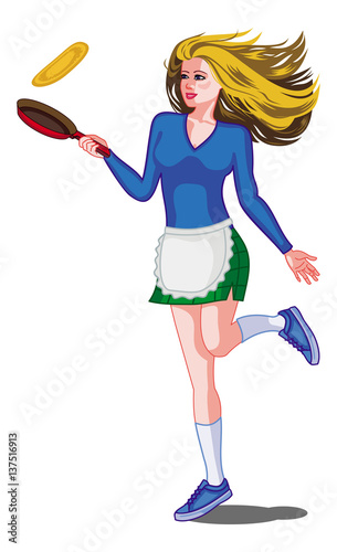 Young girl with long hair is cooking pancakes in a skillet. Vector clip art.