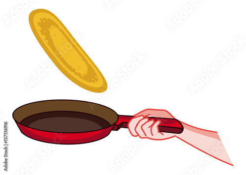 Frying pan with a pancake. Vector clip art.