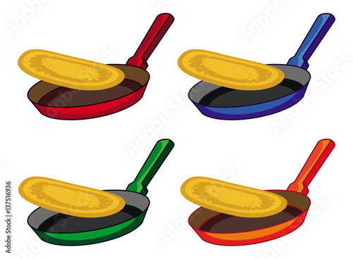 Frying pan with a pancake. Vector clip art.