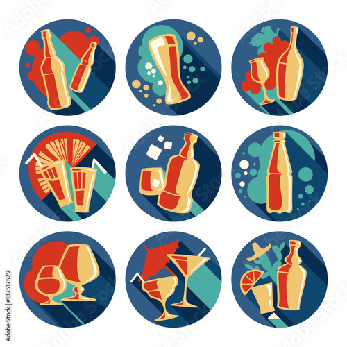 Set of Retro Icons of Different Drinks, Drawings in Flat Style