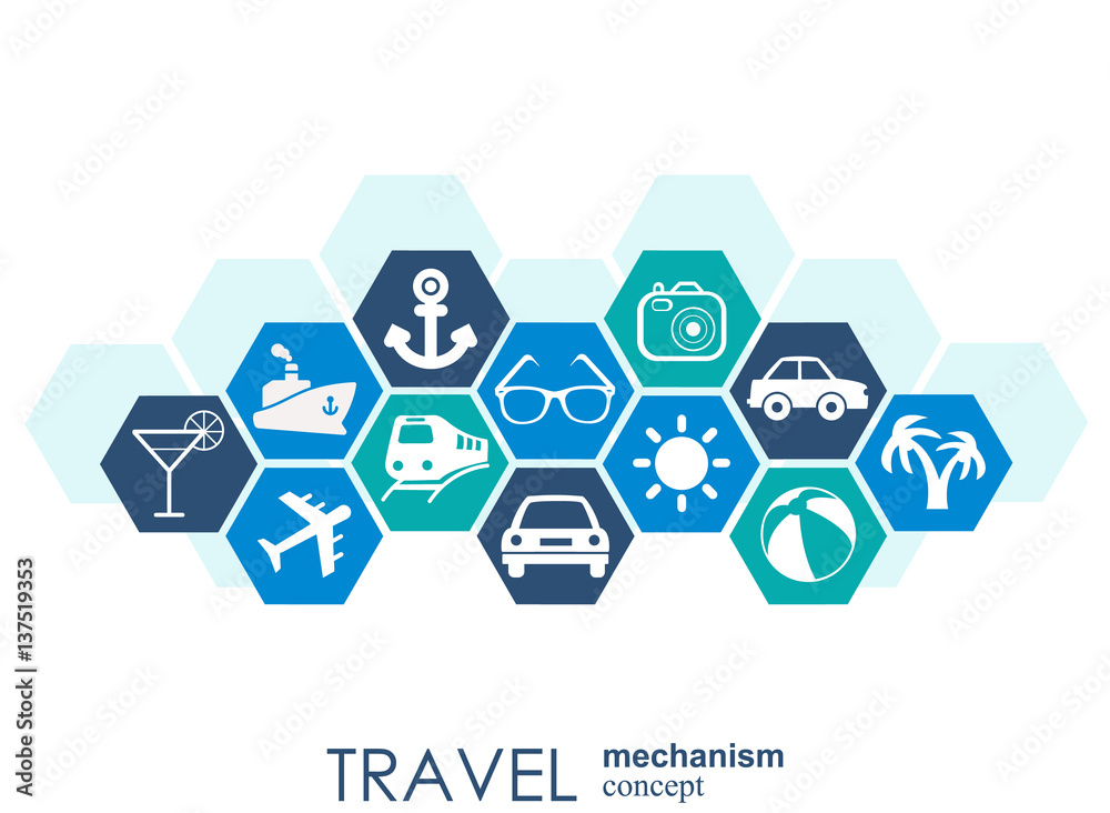Travel mechanism. Abstract background with connected gears and integrated flat icons. Vector interactive illustration