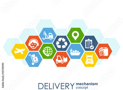 Delivery mechanism concept. Abstract background with connected gears and icons for logistic, service, strategy, shipping, distribution, transport, market, communicate concepts. Vector interactive.