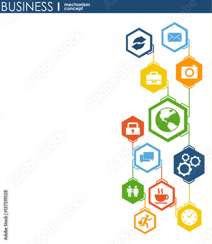 Business mechanism concept. Abstract background with connected gears and icons for strategy, service, analytics, research, seo, digital marketing, communicate concepts. Vector infographic illustration