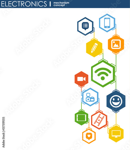 Electronics mechanism. Abstract background with connected gears and integrated flat icons. Connected symbols for monitor, phone. Vector interactive illustration