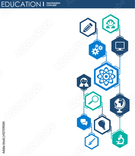Education network. Hexagon abstract background with lines, polygons, and integrate flat icons. Connected symbols for elearning, knowledge, learn and global concepts. Vector interactive illustration