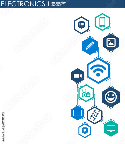 Electronics mechanism. Abstract background with connected gears and integrated flat icons. Connected symbols for monitor, phone. Vector interactive illustration
