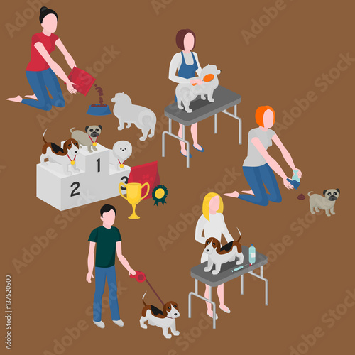 Isometric set of dog care. Pet owner feeding, walking and cleaning. Veterinary and grooming. Doggy competition winners. Pug, spitz and beagle.