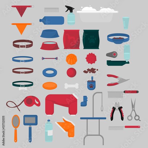 Flat isolated set of dog items elements. Pet icons walking, feeding, grooming salon equipment. Doggy fashion clothes, tools groomer collection, healthy nutrition.