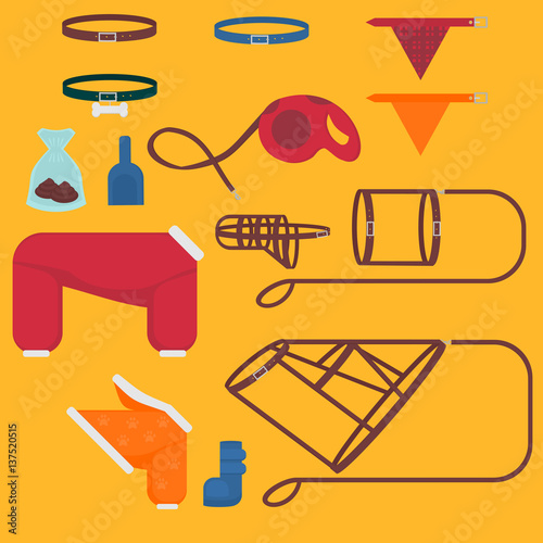 Dog walking elements. Flat isolated set, pet walk items. Doggy fashion clothes icons suits, collar, leash, muzzle, harness and roulette