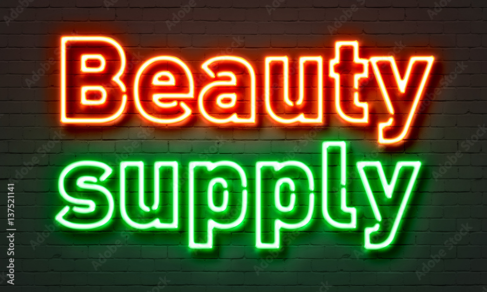 Beauty supply neon sign on brick wall background. Beauty supply neon sign on brick wall background.