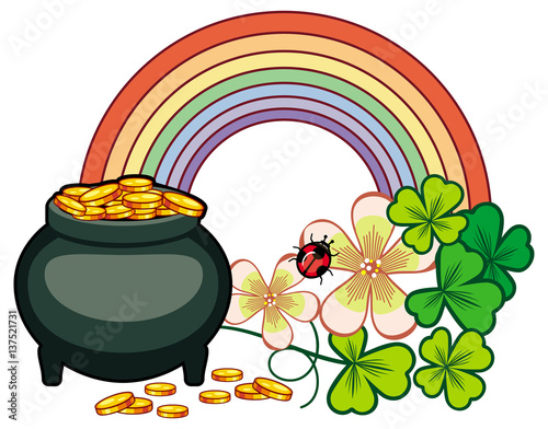 Holiday label with shamrock, rainbow and leprechaun pot of gold. Raster clip art