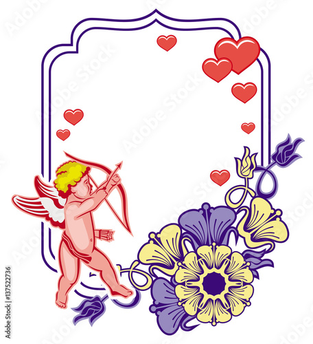 Elegant frame with Cupid, decorative flowers and hearts. Raster clip art.