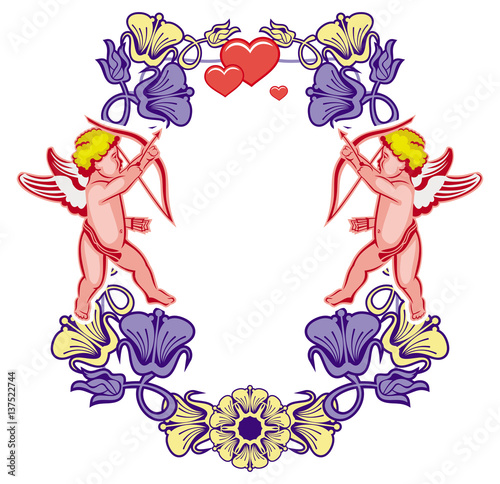 Elegant frame with Cupid  decorative flowers and hearts. Raster clip art.