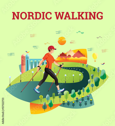 Vector illustrated card with Nordic Walking. photo