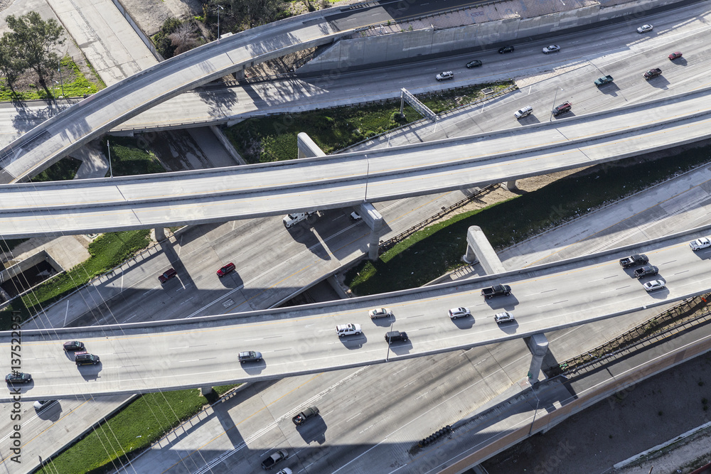 Aerial view of route 5 and 170 freeway ramps in the San Fernando Valley area of Los Angeles.