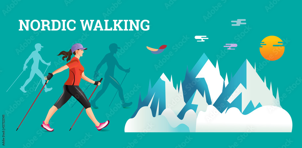 Vector illustration banner with Nordic Walking.