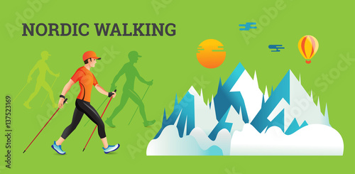 Vector illustration banner with Nordic Walking.