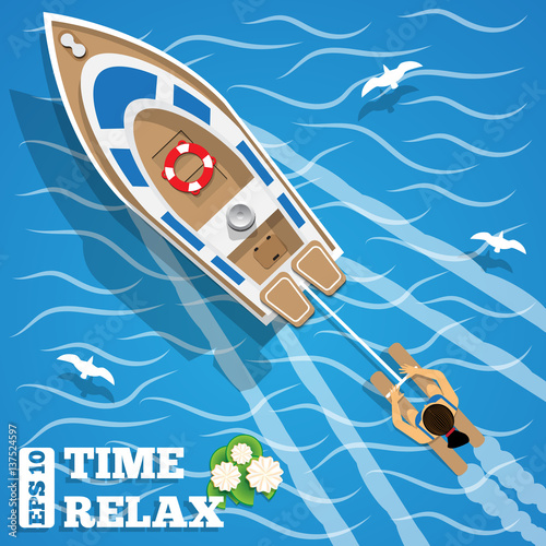 Girl water skiing. View from above. Vector illustration. 