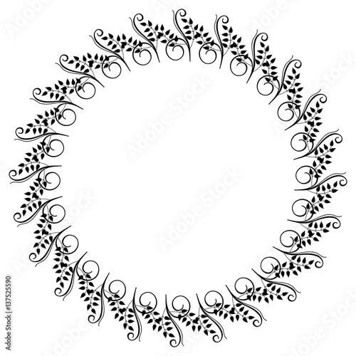 Round black and white frame with abstract decorative flowers. Raster clip art.