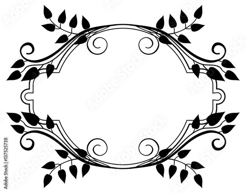 Round black and white frame with abstract decorative flowers. Raster clip art.