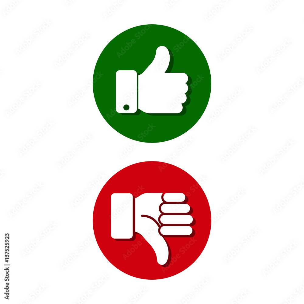 Thumb up, thumb down, green and red sillouettes. Vector.