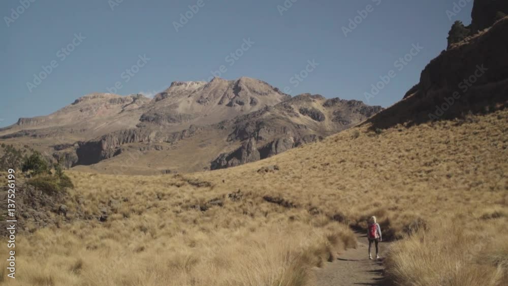 Hiking girl with backpack walking in the mountains