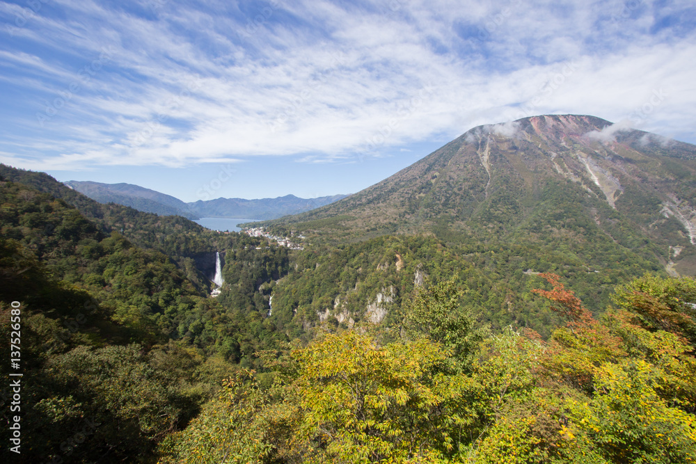 Fototapeta premium Chuzen-ji Lake and Kegon-no-taki Falls seen from Akechi-daira Ropeway viewpoint,Nikko,Tochigi,Japan