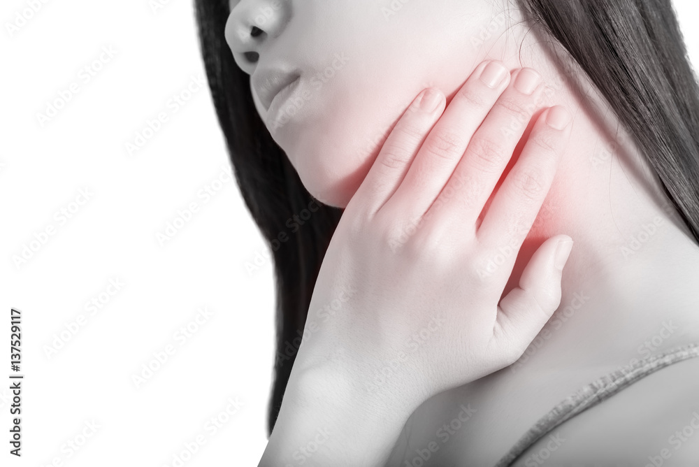 Acute pain and sore throat symptom in a woman isolated on white background. Clipping path on white background.