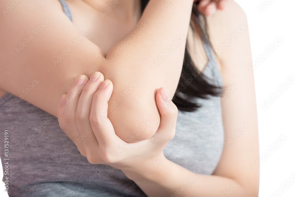 Acute pain in a woman elbow isolated on white background. Clipping path on white background.