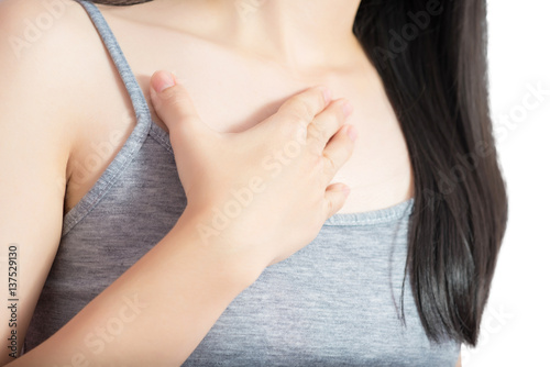 Chest pain or asthma in a woman isolated on white background. Clipping path on white background.