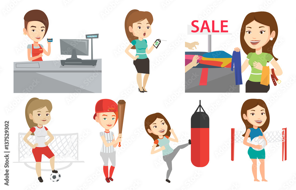 Vector set of shopping people and sportswomen. Vector set of shopping people and sportswomen.