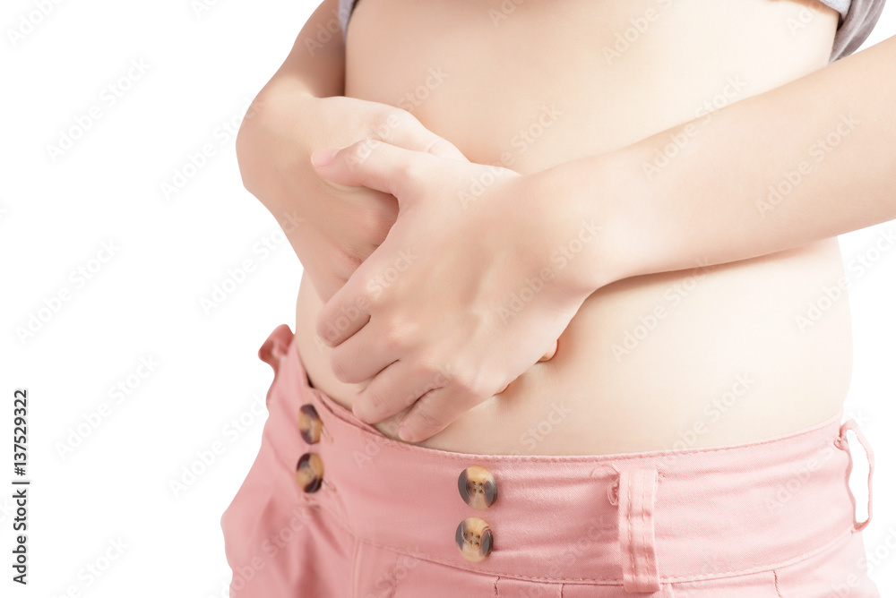 Stomachache in a woman isolated on white background. Clipping path on white background.