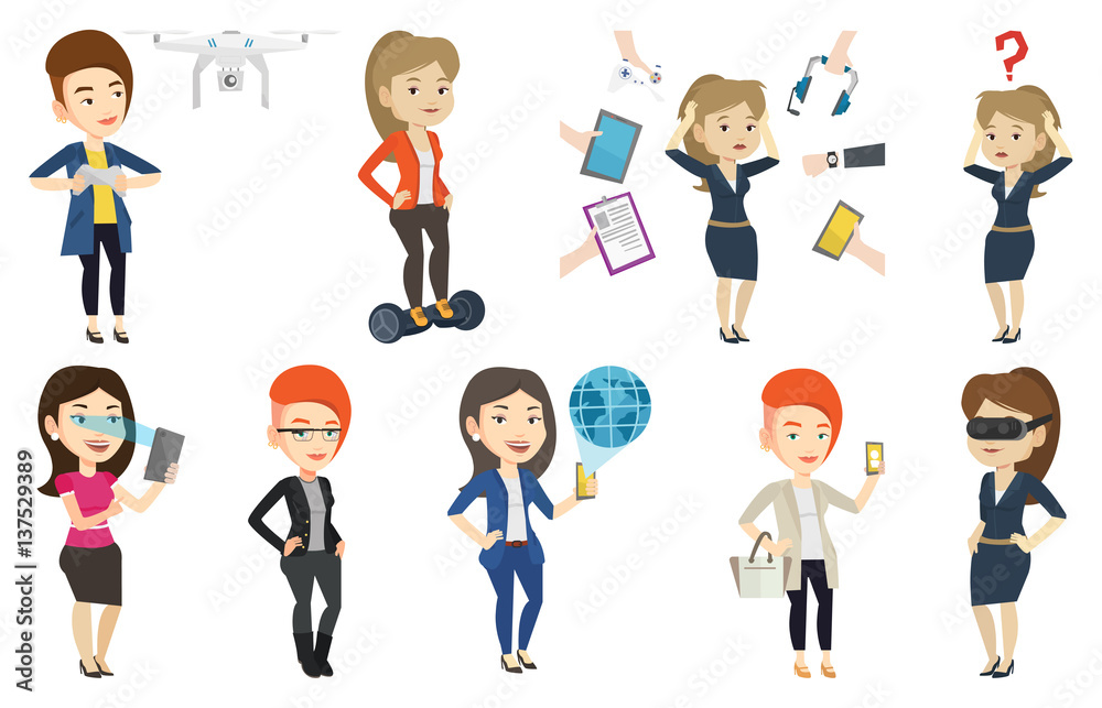 Vector set of people using modern technologies.