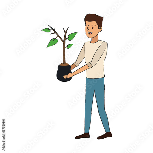 gardener man holding a plant in a pot over white background. colorful design. vector illustration