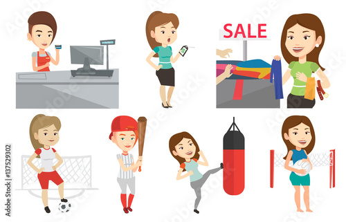 Vector set of shopping people and sportswomen.