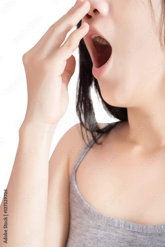 Acute pain and sore throat symptom in a woman isolated on white background. Clipping path on white background. Acute pain and sore throat symptom in a woman isolated on white background. Clipping path on white background.