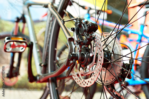 Brake disk of sport mountain bike in shop