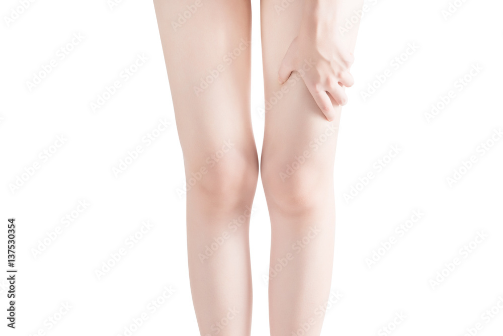 Acute pain in a woman thigh isolated on white background. Clipping path on white background. Acute pain in a woman thigh isolated on white background. Clipping path on white background.