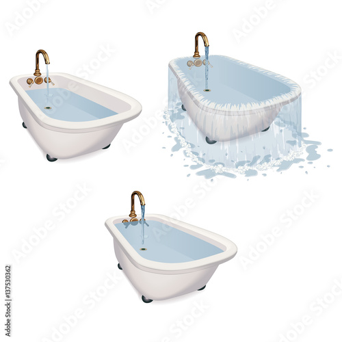 Overflowing bathtub with water spilt on the floor along with 2 tubs filling up demonstrating scientific theory done realistically with graduated tones.