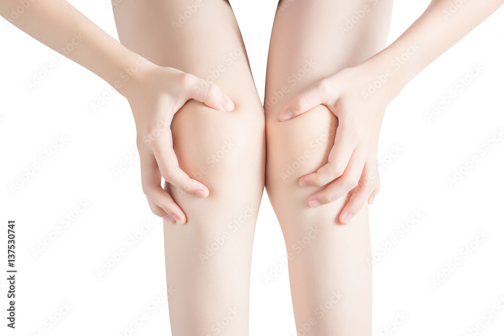 Acute pain in a woman knee isolated on white background. Clipping path on white background. Acute pain in a woman knee isolated on white background. Clipping path on white background.