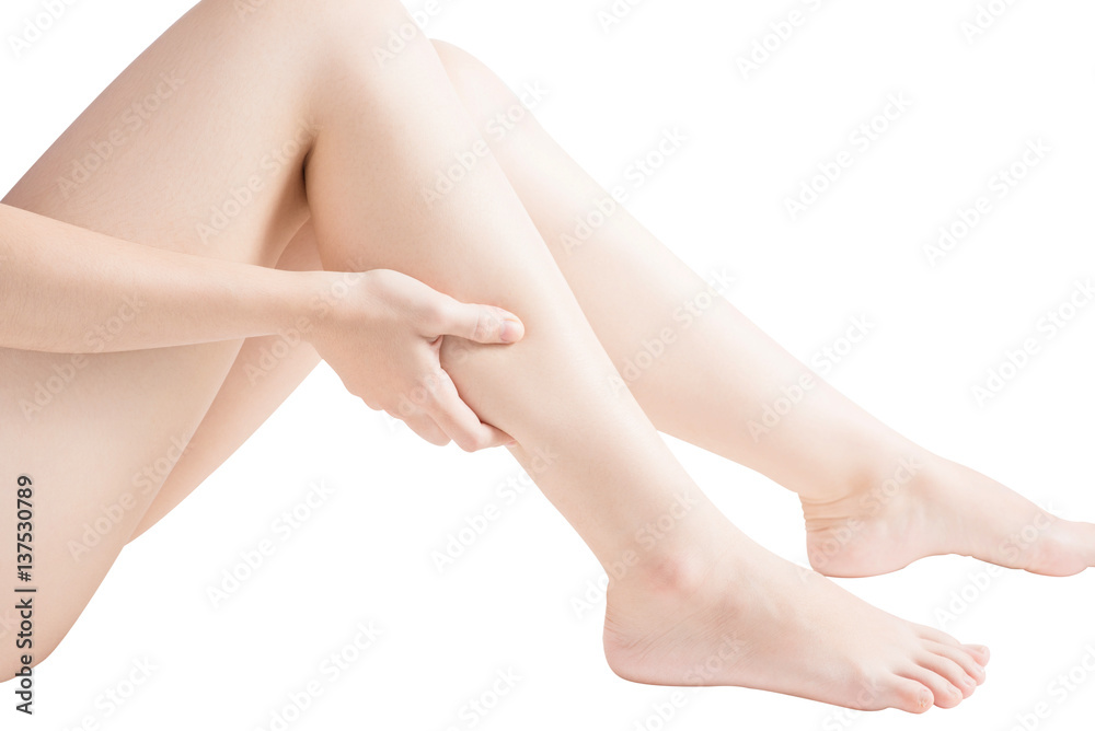 Acute pain in a woman calf leg isolated on white background. Clipping path on white background. Acute pain in a woman calf leg isolated on white background. Clipping path on white background.